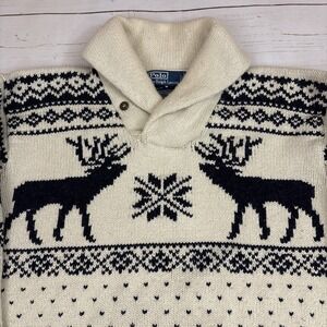 Polo Ralph Lauren Shawl Collar Sweater Mens XL Reindeer Nordic Fair Isle Angora
